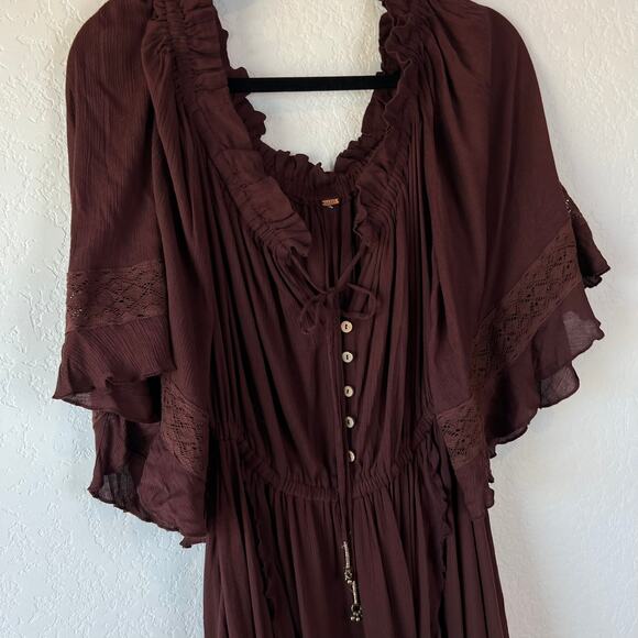 Free People Endless Summer Beach Bliss Maxi Dress size Medium Brown Ruffles - Picture 3 of 7